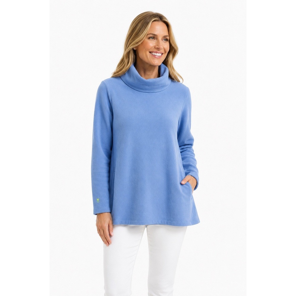 Dudley Stephens Cobble Hill Fleece Tunic Top Size Medium Blue Cowl Neck Pockets